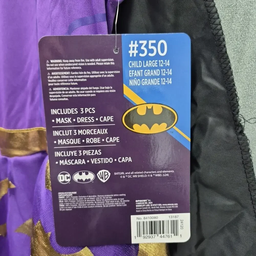 DC Comics Batgirl Purple Gold Dress Costume Cape Youth Halloween Cosplay L 12-14